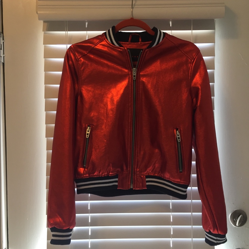 Shiny red Blank NYC bomber jacket.